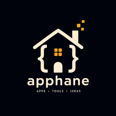 apphane — a house drawn with curly braces, windows lit amber. Apps, tools, ideas.